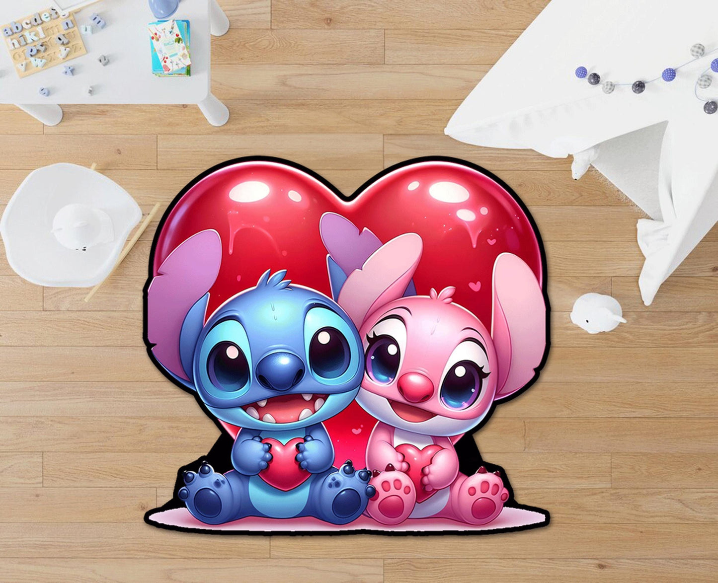 Angel and stitch love, Donut eating stitch, Motorcycle stitch, Stitch rug,stitch game, Strawberry milkshake drinking stitch, Custom rug