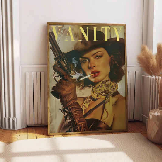 Vintage Cowgirl With a Gun Poster Retro Woman Smoking a Cigarette Wall Art Badass Bestie Eclectic Wall Art Funny Retro Wall Decor
