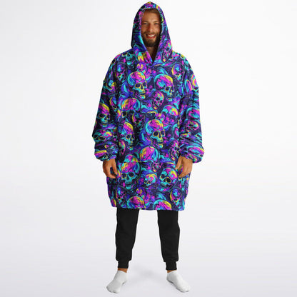 Unisex Neon Skulls Halloween Print Reversible Snug Hoodie,Festival Rave Party Wear,Oversized Double Sided Hoodie Blanket,Unique Gifts