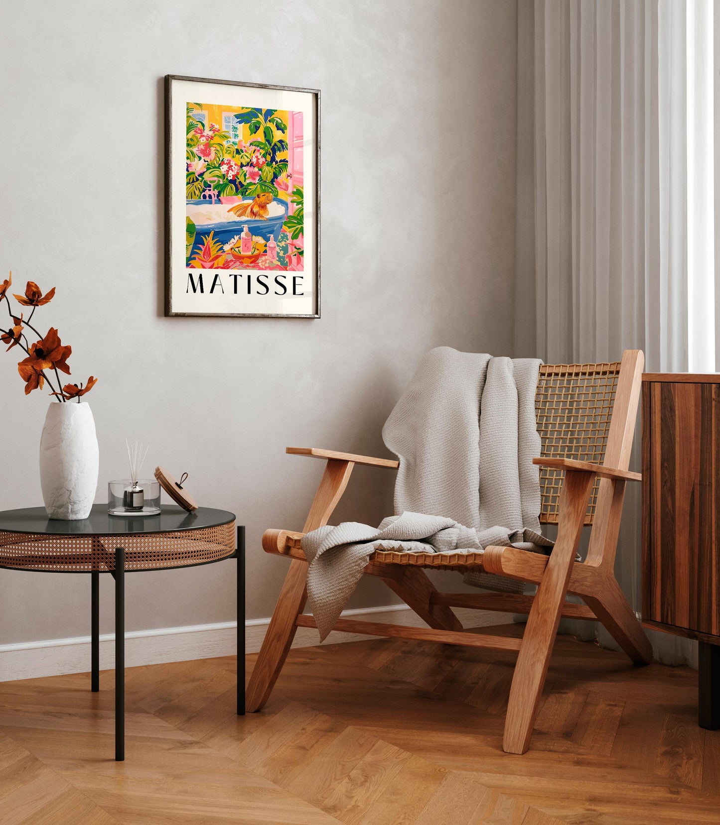 Capybara in bathtub art print, Pink tropical bathroom decor, Henri Matisse wall art,  Animal art