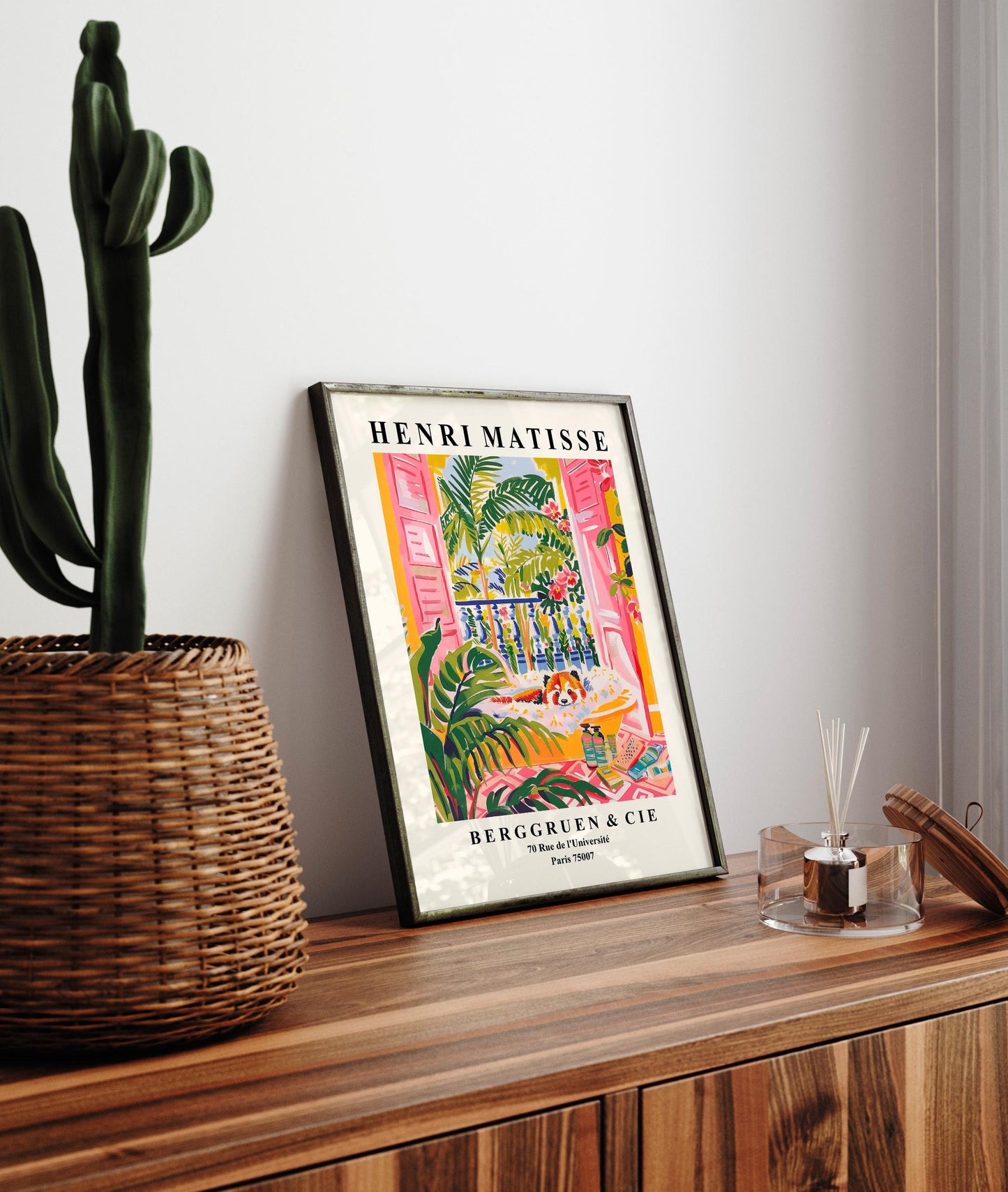 Red panda in bathtub funny poster, Matisse print, Bathroom decor, Pink tropical art print