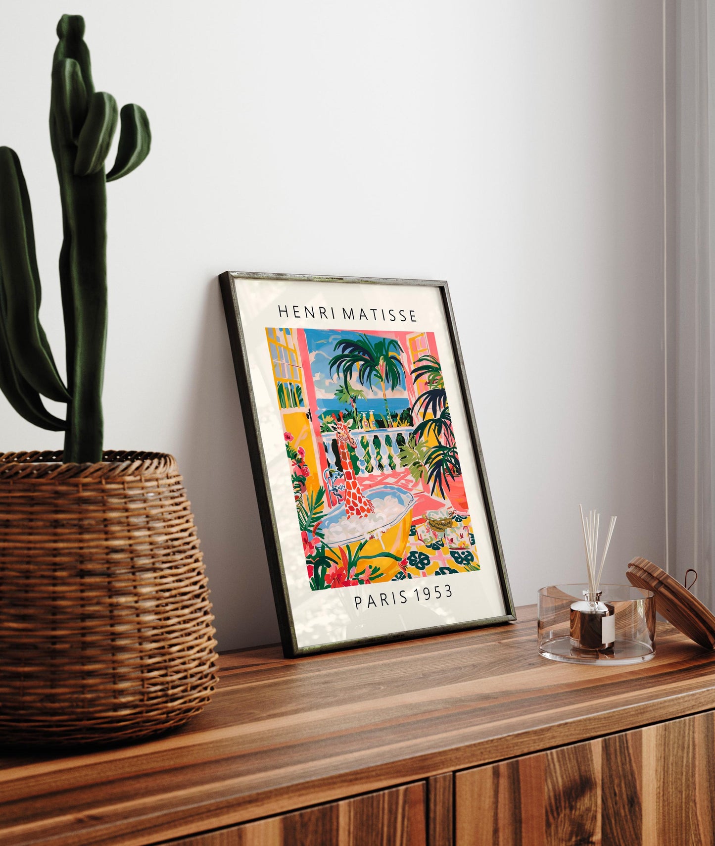 Giraffe in bathtub inspired by Matisse art, Funny poster, Mid century print, Pink bathroom decor, Tropical flowers wall art