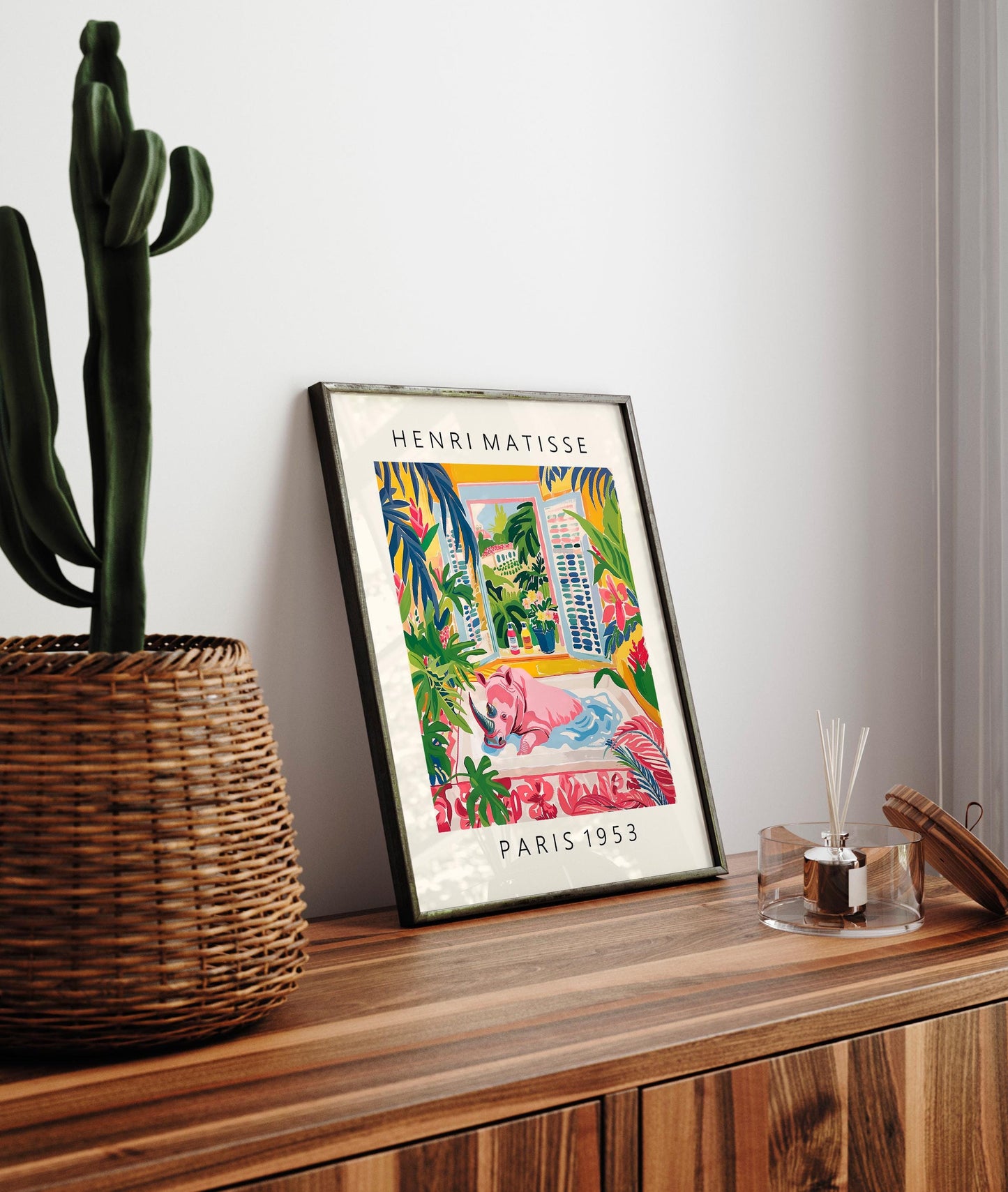 Rhino in bathtub art print, Matisse poster, Bathroom decor, Pink tropical wall art, Safari animal print