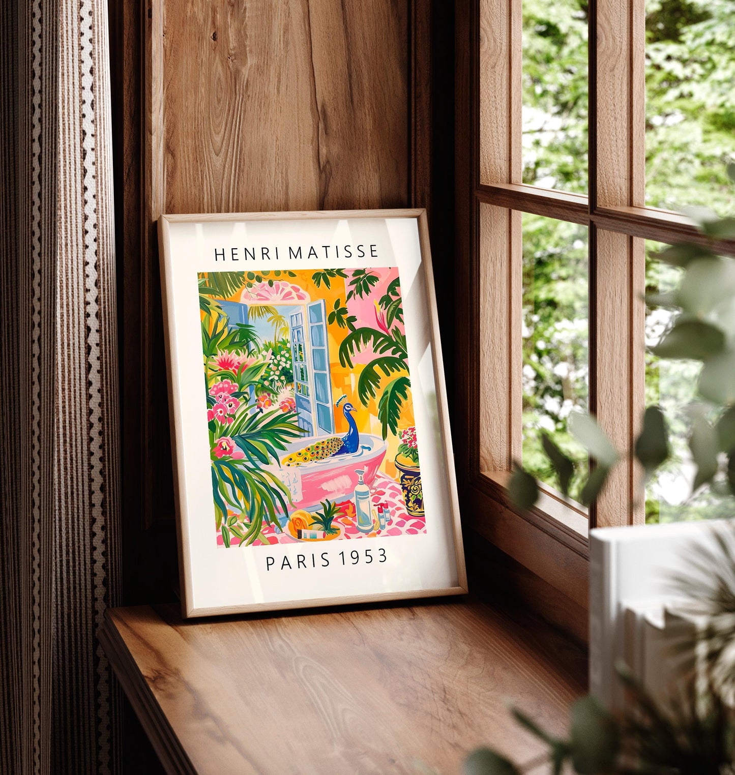 Peacock in bathtub art print, Pink maximalist decor, Matisse poster, Tropical print, Bathroom wall art, Bird art print