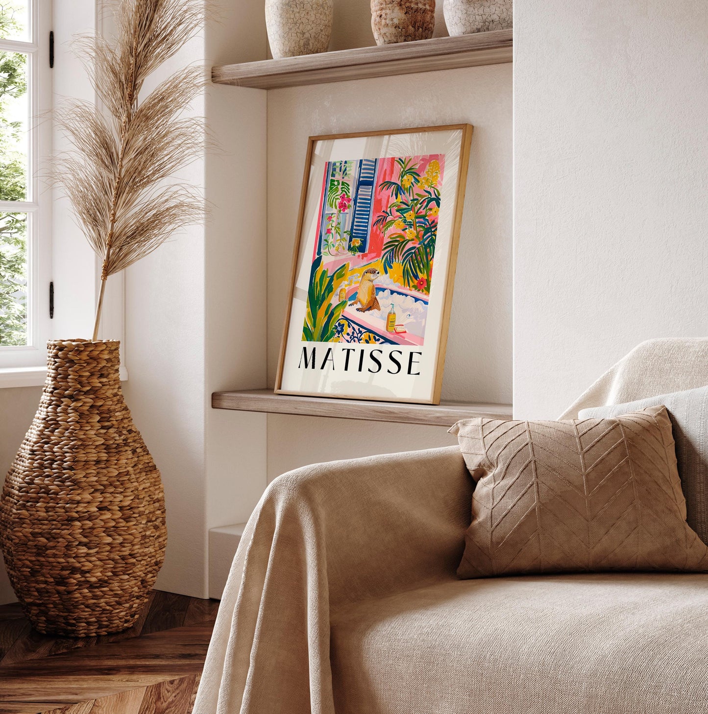 Otter in Bathtub Art Print: Matisse Style Tropical Bathroom Decor