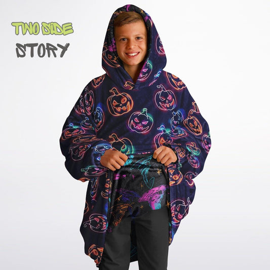 Glowing Pumpkins Halloween Reversible Kids Snug Hoodie,Oversized Double Sided Youth Hoodie Blanket,Warm Blanket with Sleeves,Unique Gifts