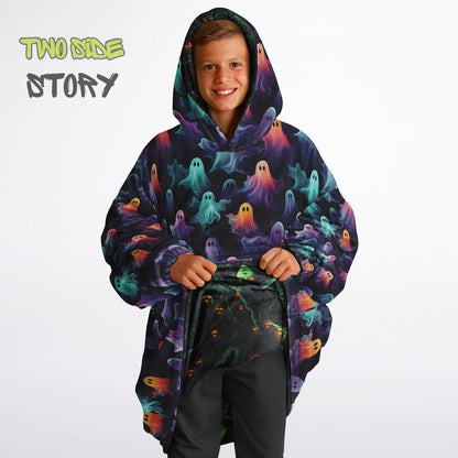 Neon Ghosts  Halloween Reversible Kids Snug Hoodie,Oversized Double Sided Youth Hoodie Blanket,Warm Blanket with Sleeves,Unique Gifts