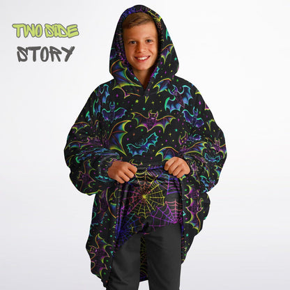 Halloween Print Neon Cobweb Bats Reversible Kids Snug Hoodie,Oversized Double Sided Youth Hoodie Blanket,Warm Blanket Sleeves,Unique Gift