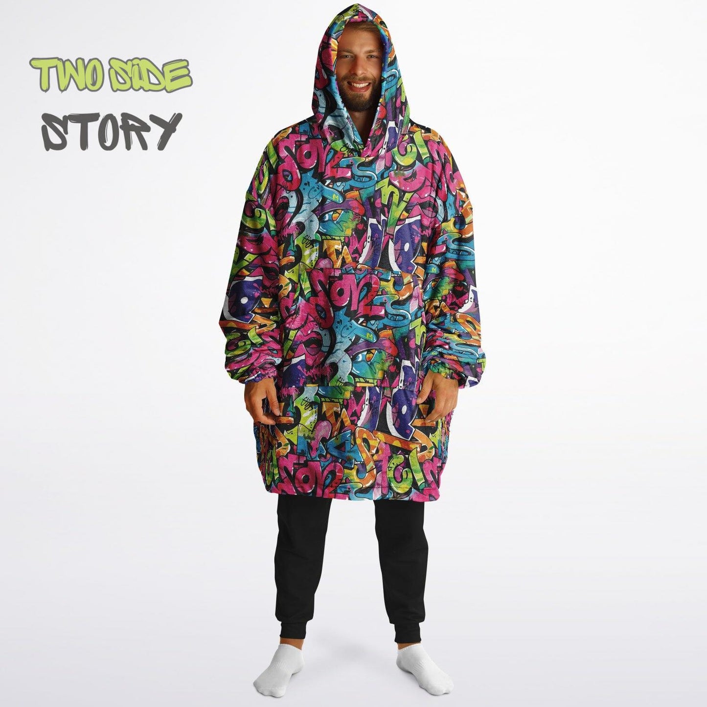 Graffiti Print Reversible Adult Snug Hoodie,Vivid Color Graffiti Oversized Double Sided Hoodie Blanket,Warm Blanket with Sleeves,Unique Gift