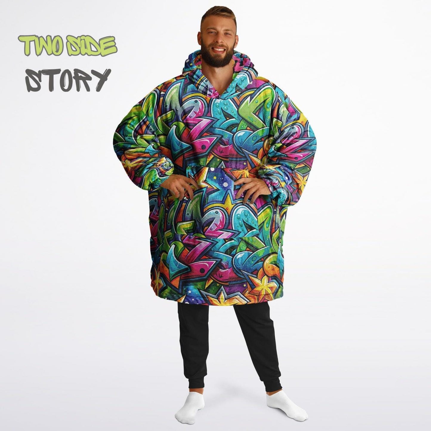 Graffiti Print Reversible Adult Snug Hoodie,Vivid Color Graffiti Oversized Double Sided Hoodie Blanket,Warm Blanket with Sleeves,Unique Gift
