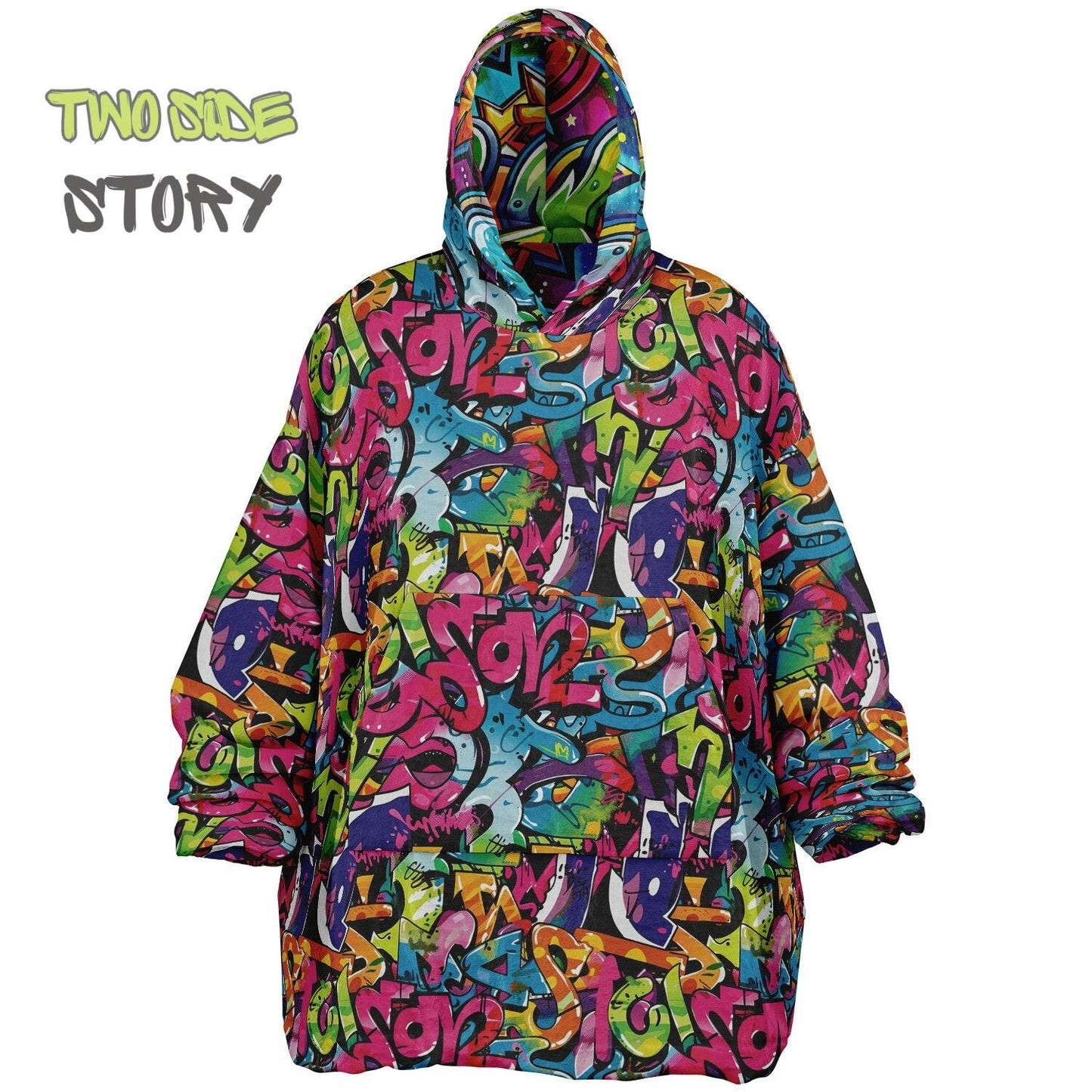 Graffiti Print Reversible Adult Snug Hoodie,Vivid Color Graffiti Oversized Double Sided Hoodie Blanket,Warm Blanket with Sleeves,Unique Gift