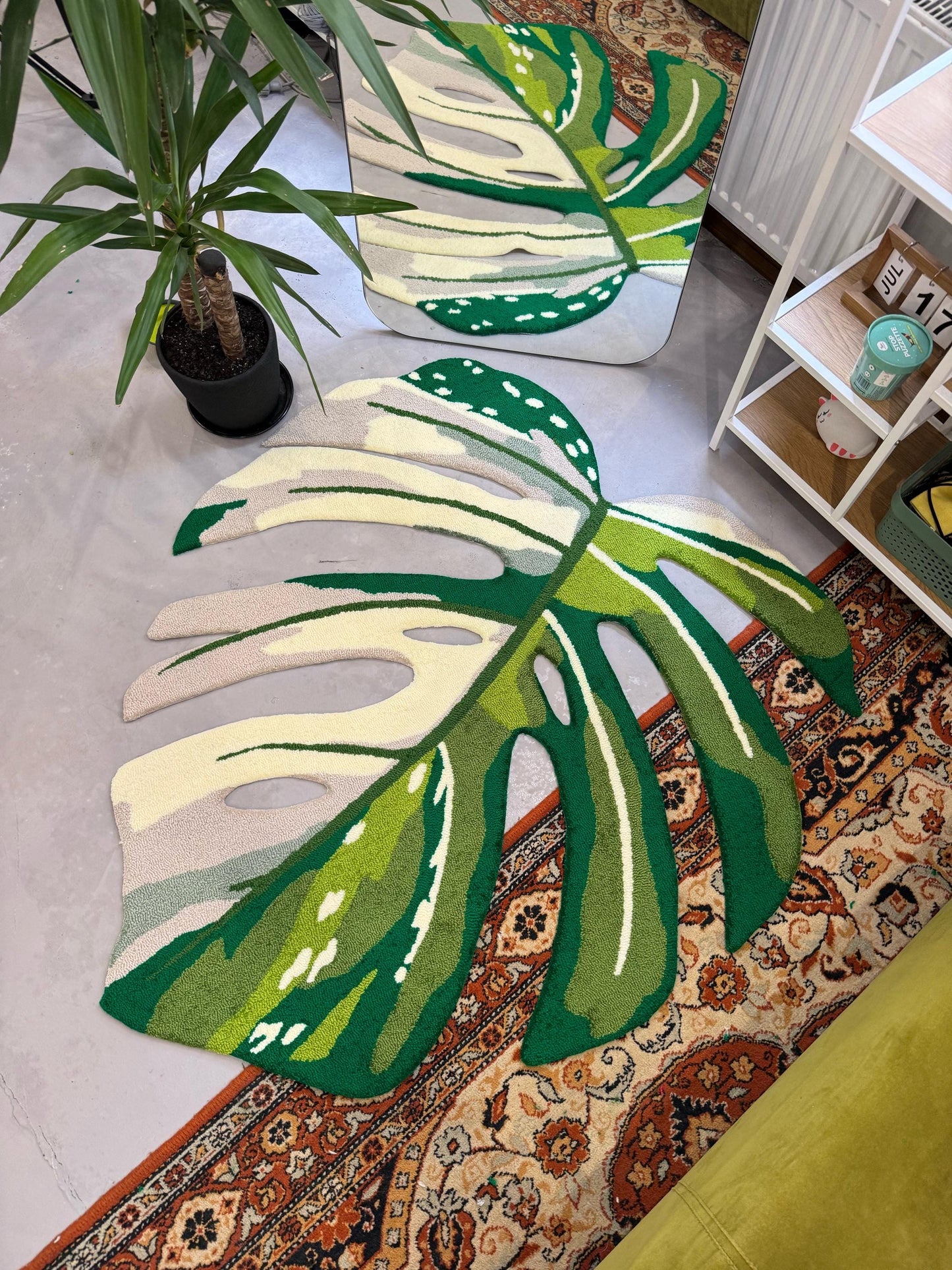 Monstera leaf white moss Rug, Plant leaf bedroom aesthetic decor, Living room floor mat, Non-slip rug, Gift idea, Aesthetic rug