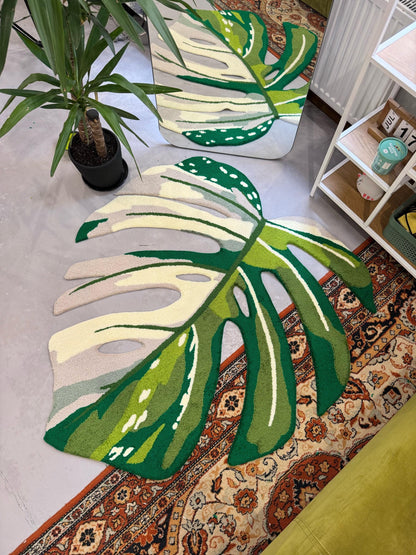 Monstera leaf white moss Rug, Plant leaf bedroom aesthetic decor, Living room floor mat, Non-slip rug, Gift idea, Aesthetic rug