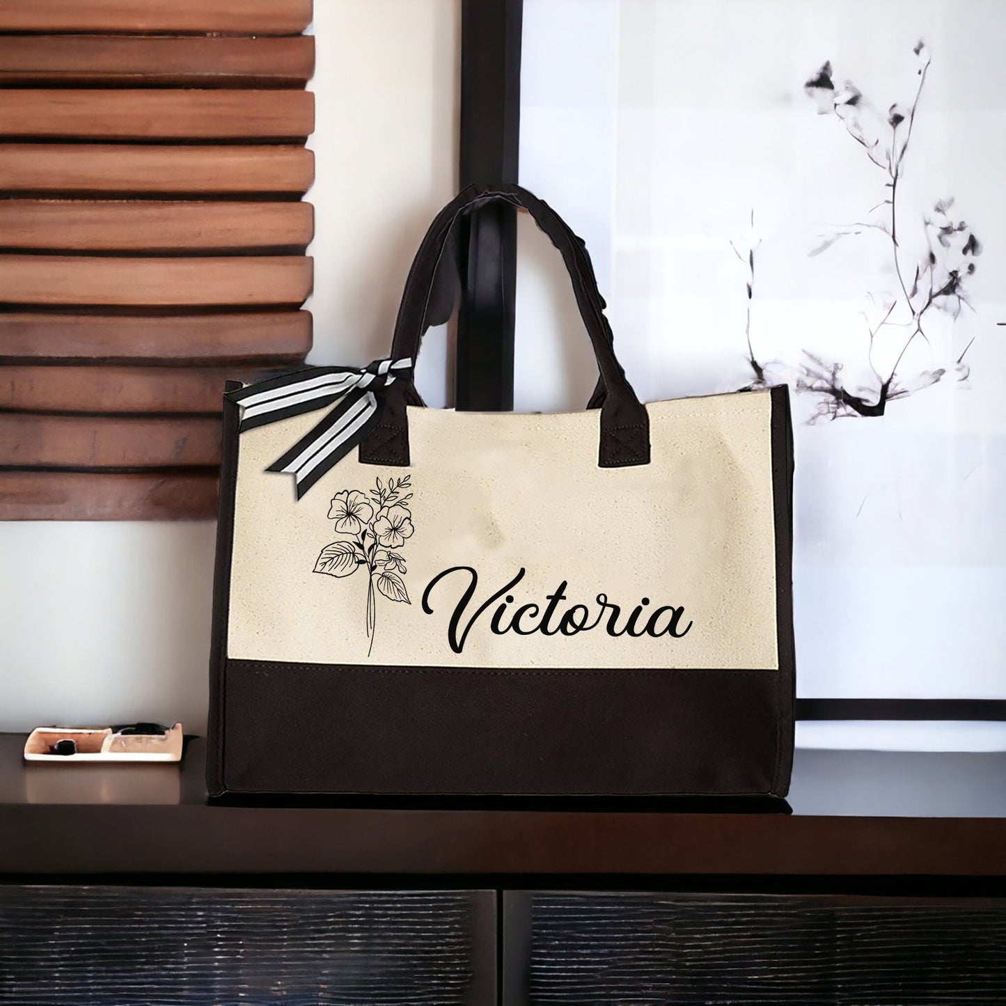 Floral Name Tote, Personalized Canvas Tote, Mothers Day Gifts, Gift for Her, Birth Month Flower Bag, Custom Tote Bag, Reusable Shopping Bag