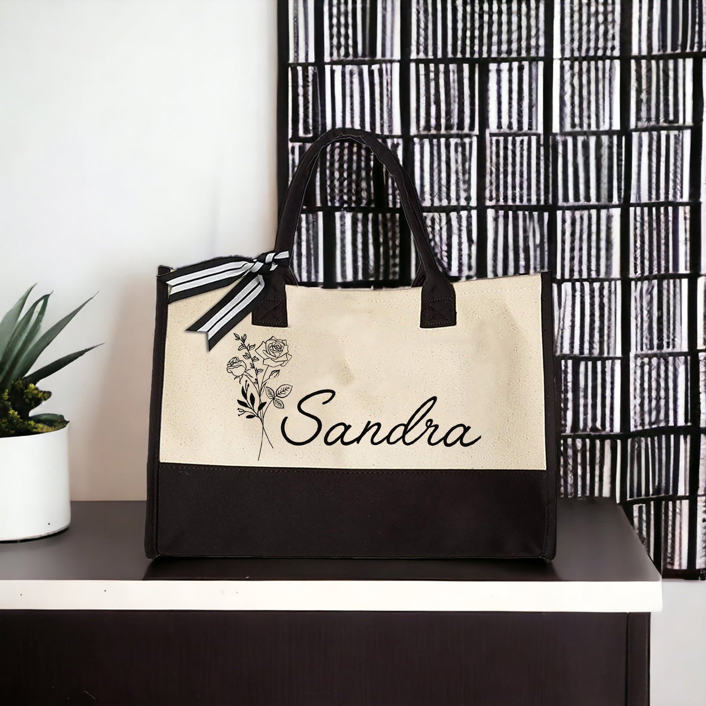 Floral Name Tote, Personalized Canvas Tote, Mothers Day Gifts, Gift for Her, Birth Month Flower Bag, Custom Tote Bag, Reusable Shopping Bag