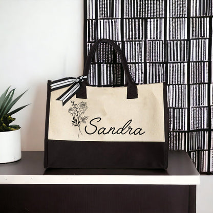 Floral Name Tote, Personalized Canvas Tote, Mothers Day Gifts, Gift for Her, Birth Month Flower Bag, Custom Tote Bag, Reusable Shopping Bag