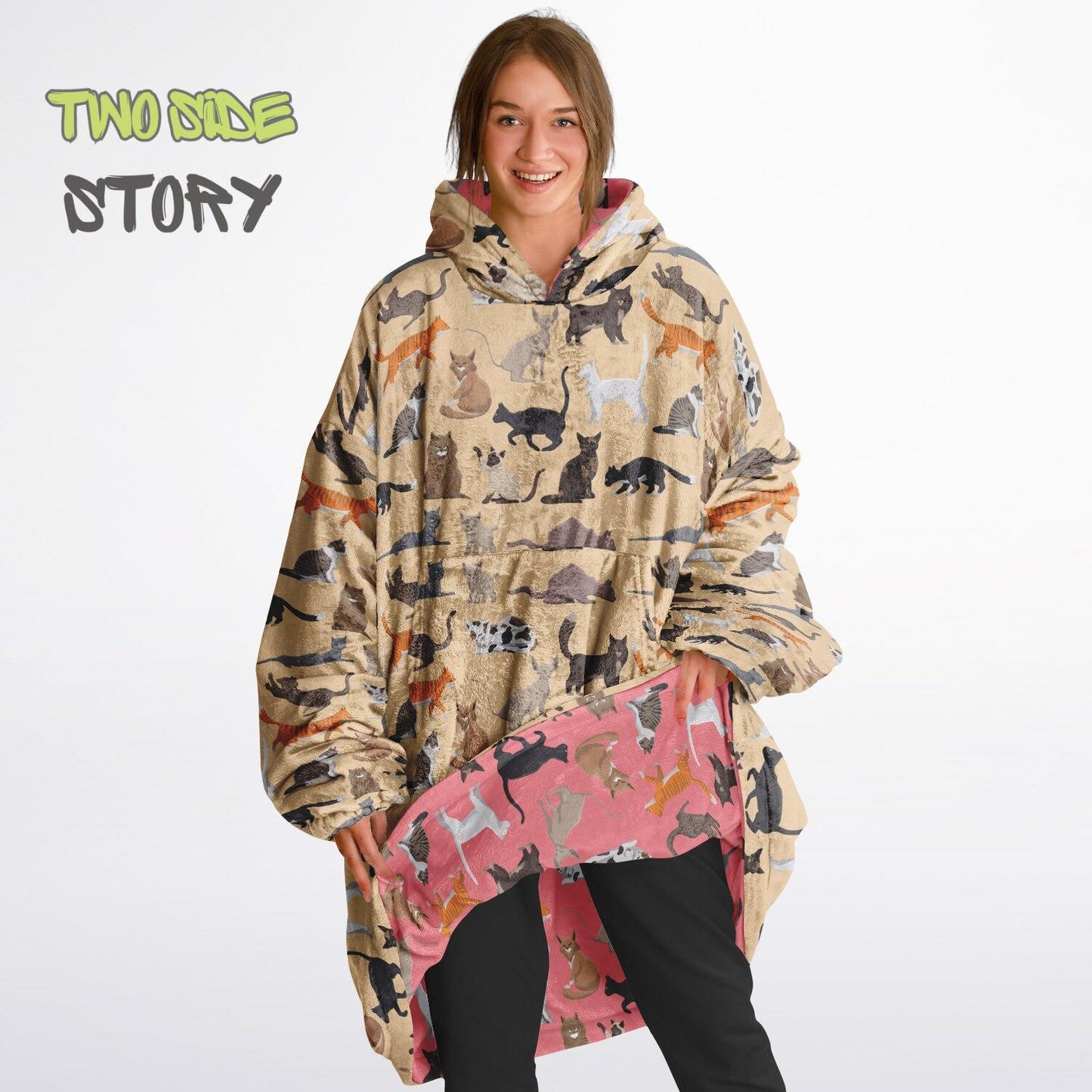 Unisex Reversible Pink Adult Snug Hoodie,CatPrint Reversible Oversized Hoodie Blanket,Lounge Wear,Unique Gifts,Christmas Gift,Dog Lover Gift