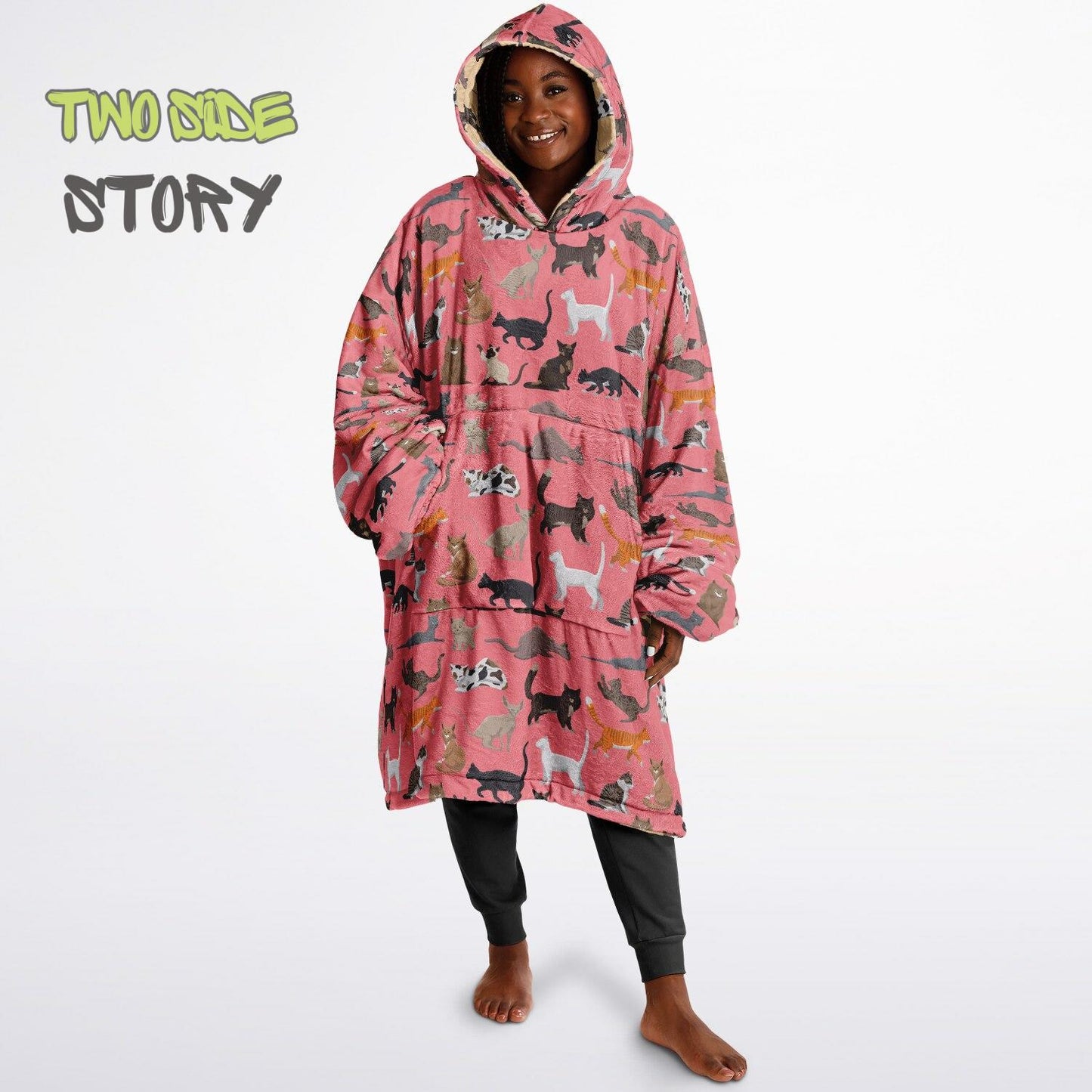 Unisex Reversible Pink Adult Snug Hoodie,CatPrint Reversible Oversized Hoodie Blanket,Lounge Wear,Unique Gifts,Christmas Gift,Dog Lover Gift