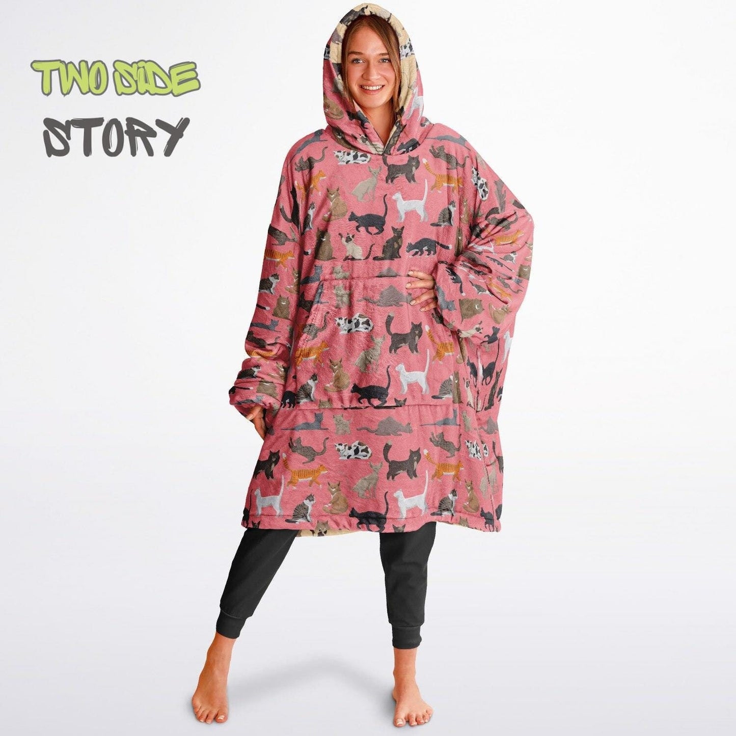 Unisex Reversible Pink Adult Snug Hoodie,CatPrint Reversible Oversized Hoodie Blanket,Lounge Wear,Unique Gifts,Christmas Gift,Dog Lover Gift