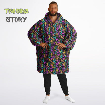 Unisex Neon Psychedelic Waves Print Print Reversible Snug Hoodie,Festival Rave Party Wear,Oversized Double Sided Hoodie Blanket,Unique Gifts