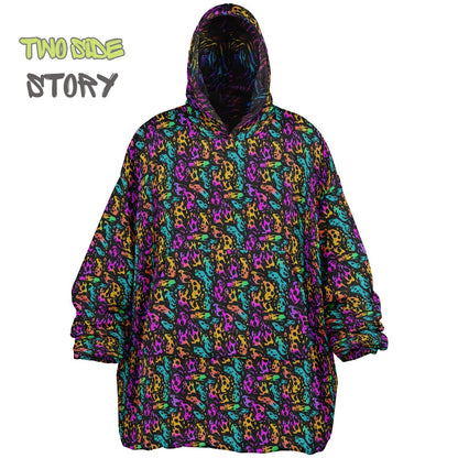 Unisex Neon Psychedelic Waves Print Print Reversible Snug Hoodie,Festival Rave Party Wear,Oversized Double Sided Hoodie Blanket,Unique Gifts