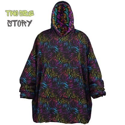 Unisex Neon Psychedelic Waves Print Print Reversible Snug Hoodie,Festival Rave Party Wear,Oversized Double Sided Hoodie Blanket,Unique Gifts