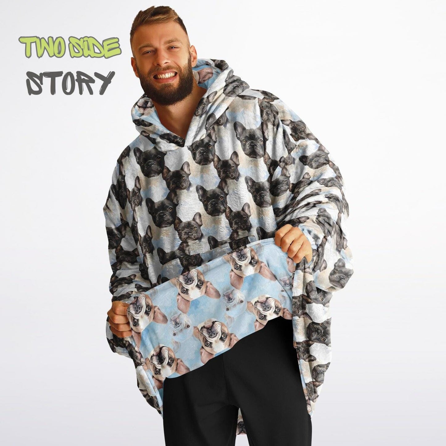 Unisex Reversible Adult Snug Hoodie,Cute Frenchie Reversible Oversized Hoodie Blanket,Lounge Wear,Unique Gifts,Christmas Gift,Dog Lover Gift