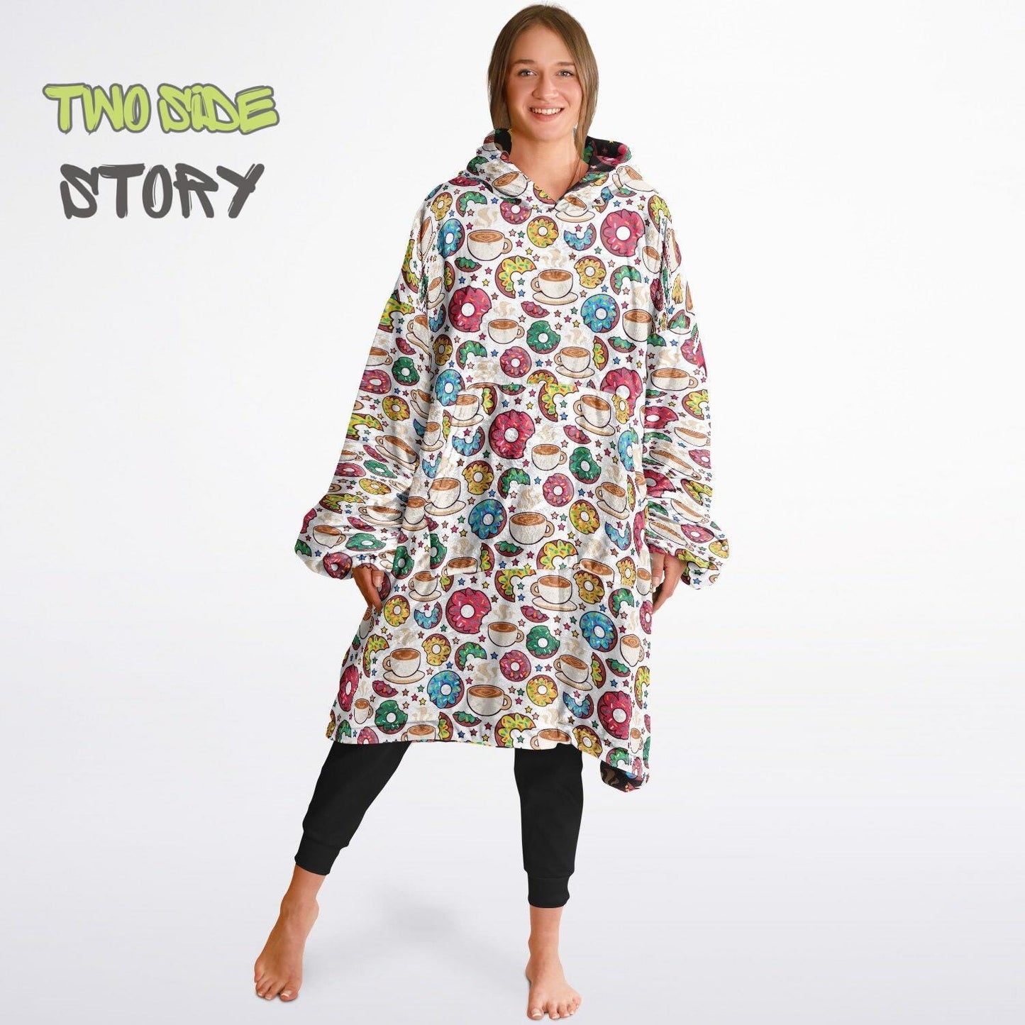 Unisex Sweets Donuts Print Reversible Snug Hoodie,Festival Rave Party Wear,Oversized Double Sided Hoodie Blanket,Unique Gift for Foodie