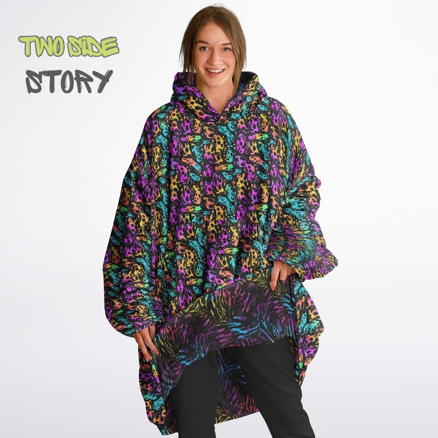 Unisex Neon Psychedelic Waves Print Print Reversible Snug Hoodie,Festival Rave Party Wear,Oversized Double Sided Hoodie Blanket,Unique Gifts