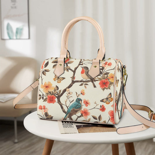 Songbird Elegance Boston Handbag, Waterproof PU Leather Handbag, Top Handle Vegan Leather, Crossbody, Shoulder bag.