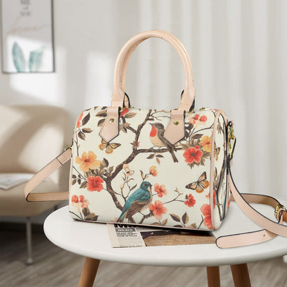 Songbird Elegance Boston Handbag, Waterproof PU Leather Handbag, Top Handle Vegan Leather, Crossbody, Shoulder bag.
