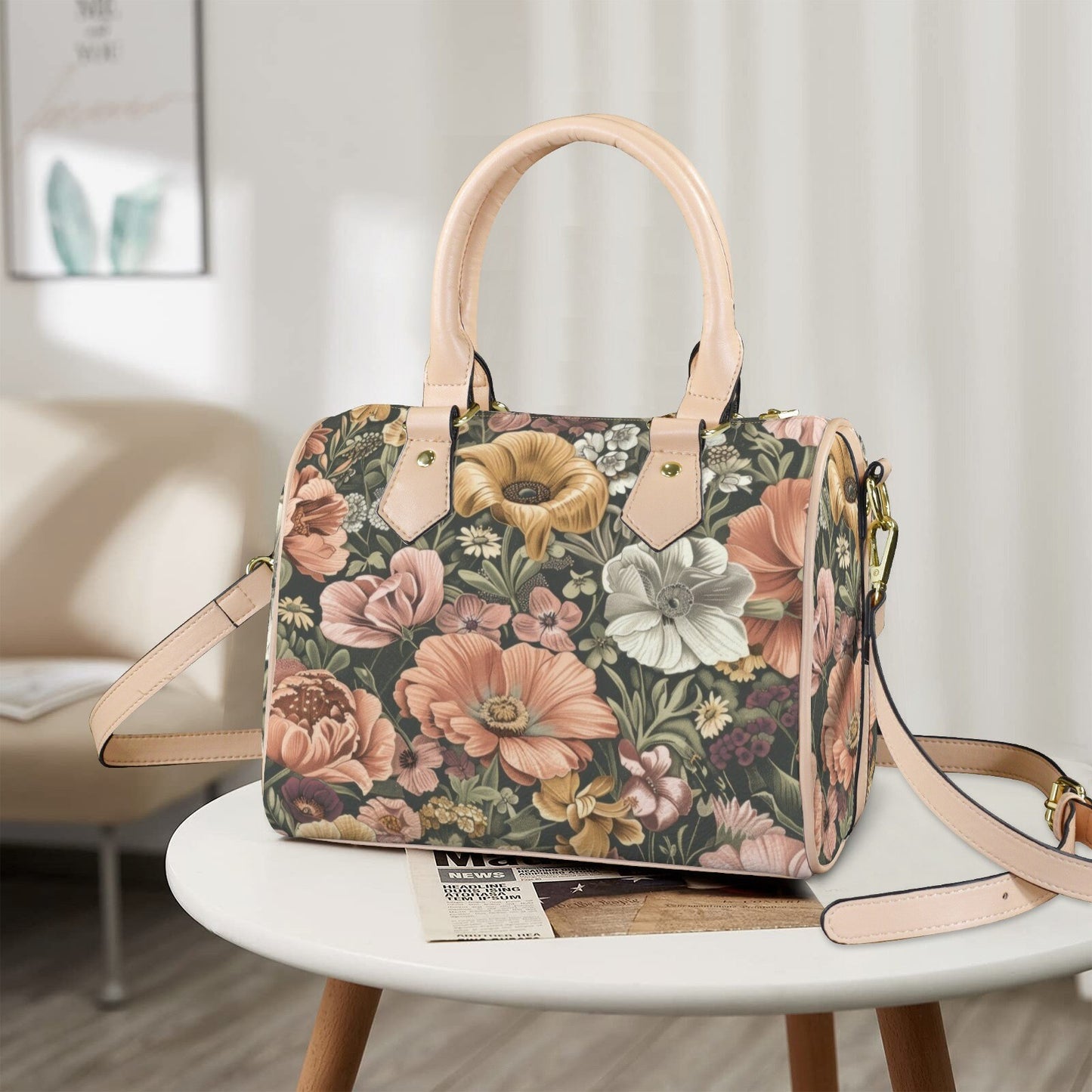 Petal Party Boston Leather Handbag. Waterproof PU Leather Handbag, Top Handle Vegan Leather, Crossbody, Shoulder bag.
