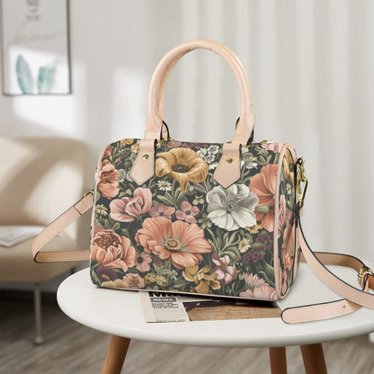 Petal Party Boston Leather Handbag. Waterproof PU Leather Handbag, Top Handle Vegan Leather, Crossbody, Shoulder bag.