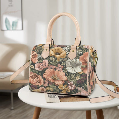 Petal Party Boston Leather Handbag. Waterproof PU Leather Handbag, Top Handle Vegan Leather, Crossbody, Shoulder bag.