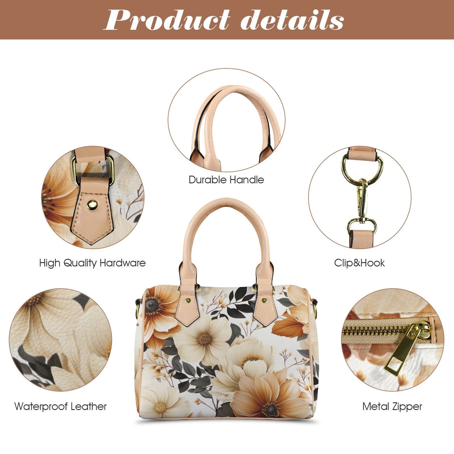 Timeless Bloom Leather Boston Handbag. Waterproof PU Leather Handbag, Top Handle Vegan Leather, Crossbody, Shoulder bag.