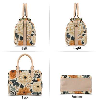 Sunset Blossom Leather Boston Handbag. Waterproof PU Leather Handbag, Top Handle Vegan Leather, Crossbody, Shoulder bag.