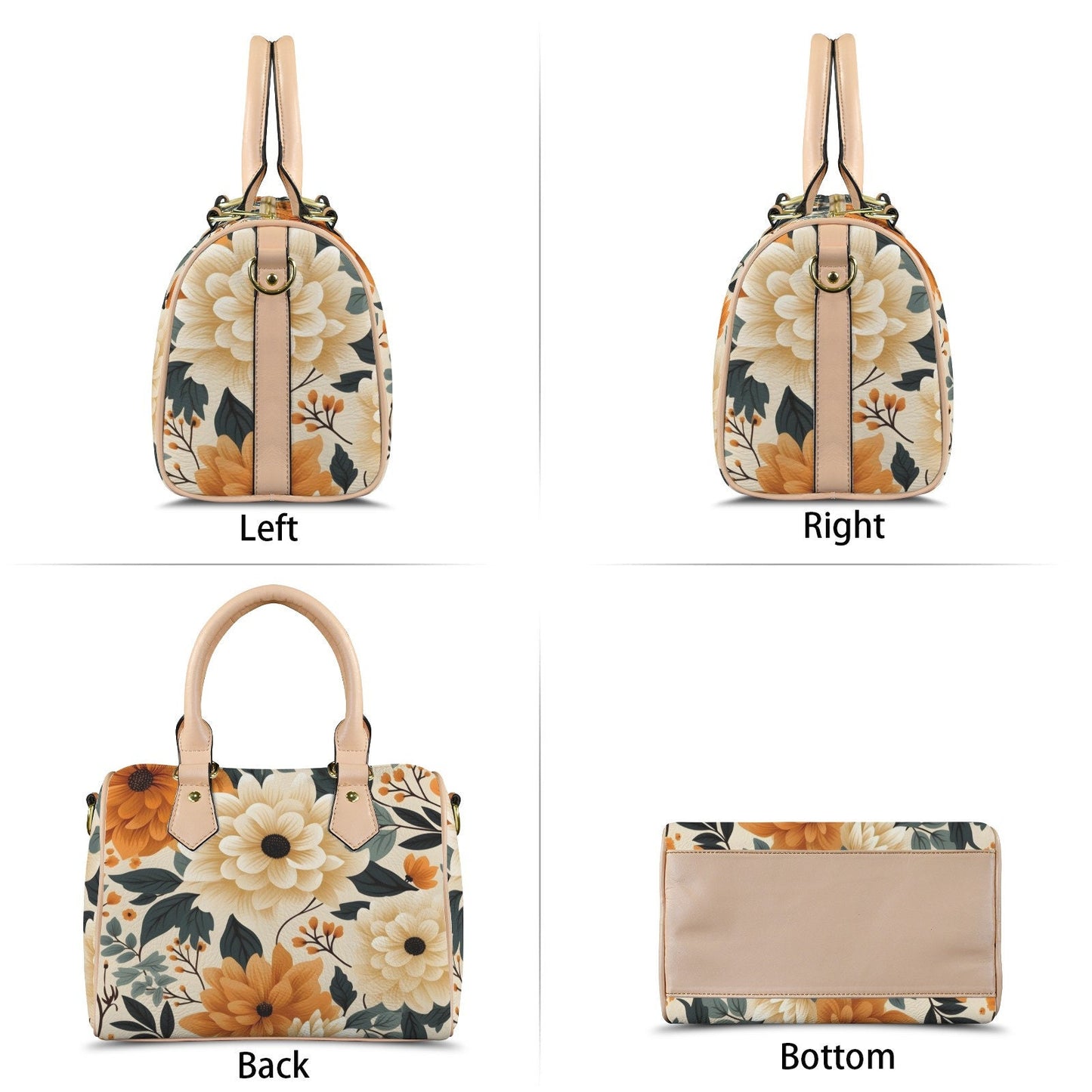 Sunset Blossom Leather Boston Handbag. Waterproof PU Leather Handbag, Top Handle Vegan Leather, Crossbody, Shoulder bag.