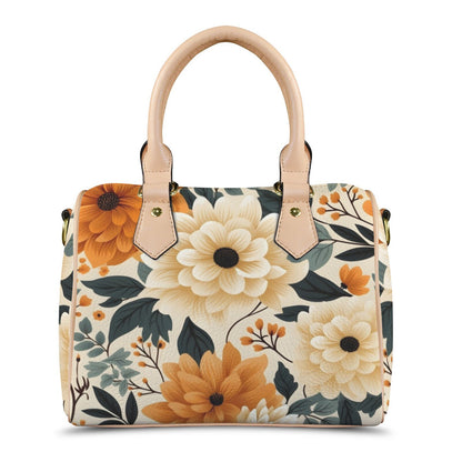Sunset Blossom Leather Boston Handbag. Waterproof PU Leather Handbag, Top Handle Vegan Leather, Crossbody, Shoulder bag.