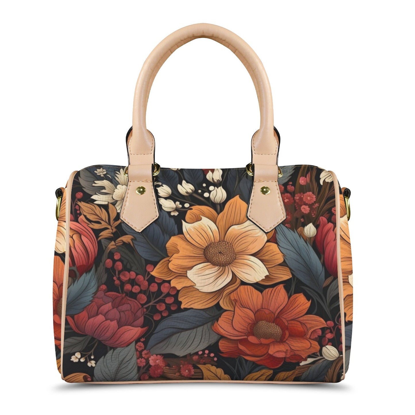 Autumn Bloom Leather Boston Handbag. Waterproof PU Leather Handbag, Top Handle Vegan Leather, Crossbody, Shoulder bag.