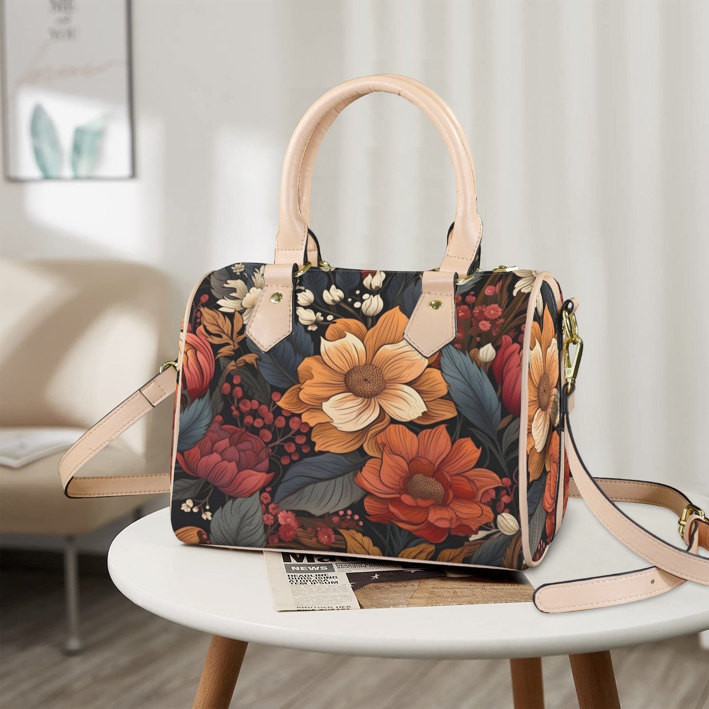 Autumn Bloom Leather Boston Handbag. Waterproof PU Leather Handbag, Top Handle Vegan Leather, Crossbody, Shoulder bag.