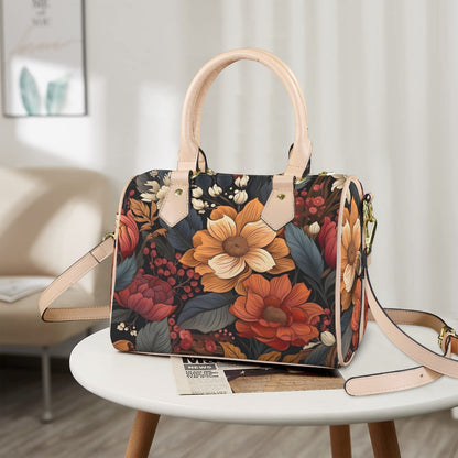 Autumn Bloom Leather Boston Handbag. Waterproof PU Leather Handbag, Top Handle Vegan Leather, Crossbody, Shoulder bag.