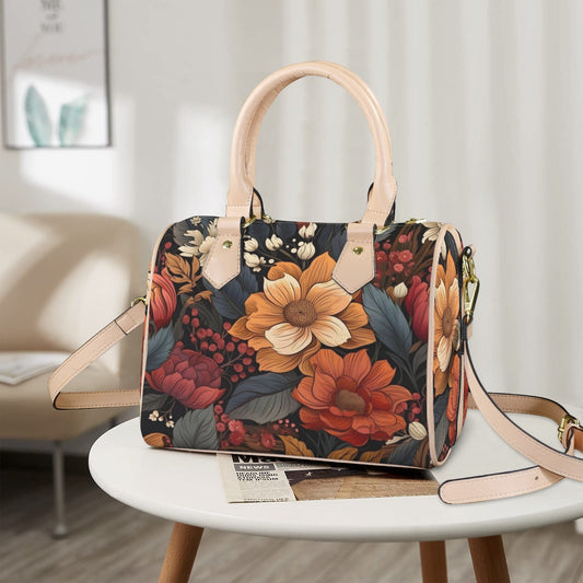 Autumn Bloom Leather Boston Handbag. Waterproof PU Leather Handbag, Top Handle Vegan Leather, Crossbody, Shoulder bag.