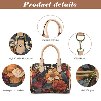 Autumn Bloom Leather Boston Handbag. Waterproof PU Leather Handbag, Top Handle Vegan Leather, Crossbody, Shoulder bag.