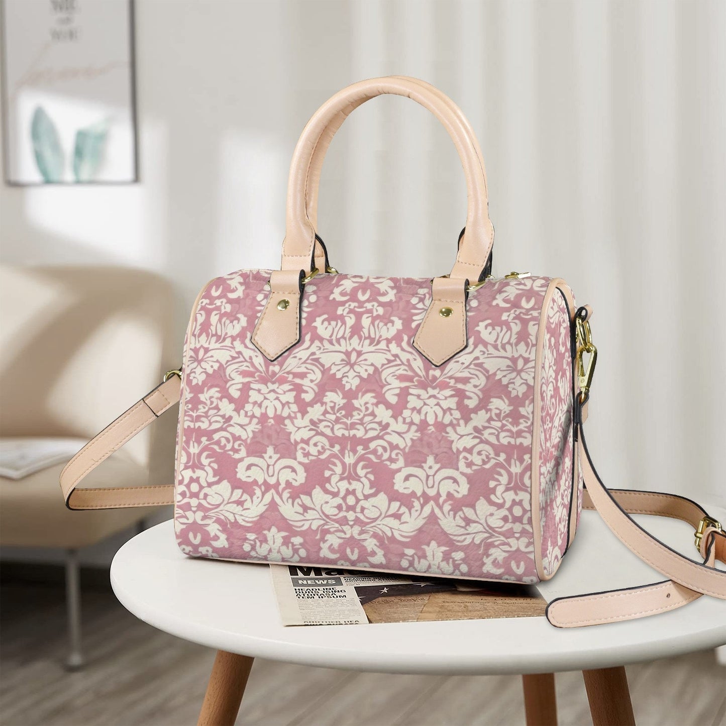Pretty 'N' Pink Leather Boston Handbag. Waterproof PU Leather Handbag, Top Handle Vegan Leather, Crossbody, Shoulder bag.