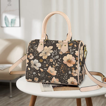 Blossom Brownie Leather Boston Handbag. Waterproof PU Leather Handbag, Top Handle Vegan Leather, Crossbody, Shoulder bag.
