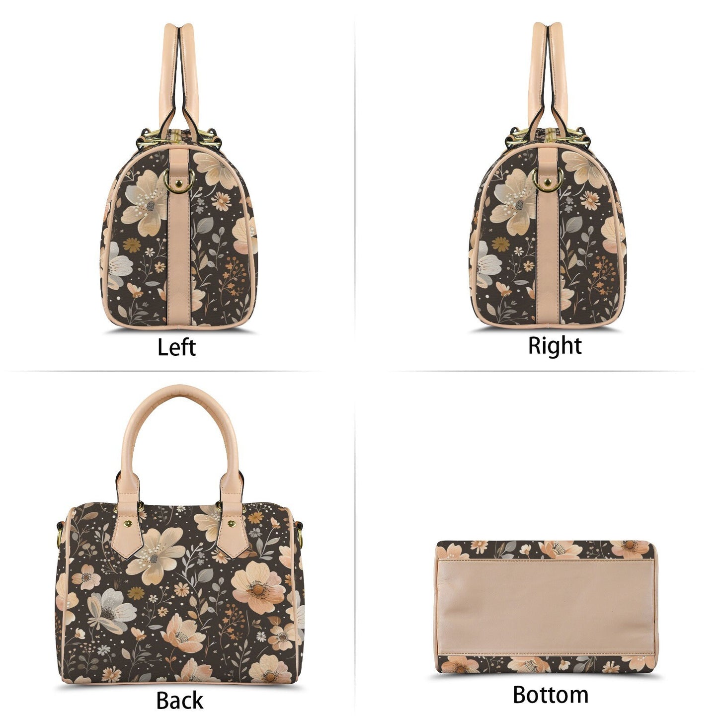 Blossom Brownie Leather Boston Handbag. Waterproof PU Leather Handbag, Top Handle Vegan Leather, Crossbody, Shoulder bag.