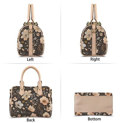 Blossom Brownie Leather Boston Handbag. Waterproof PU Leather Handbag, Top Handle Vegan Leather, Crossbody, Shoulder bag.