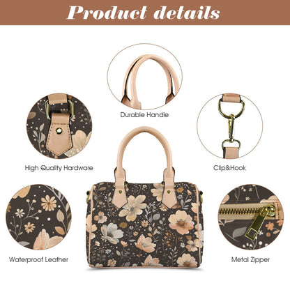 Blossom Brownie Leather Boston Handbag. Waterproof PU Leather Handbag, Top Handle Vegan Leather, Crossbody, Shoulder bag.