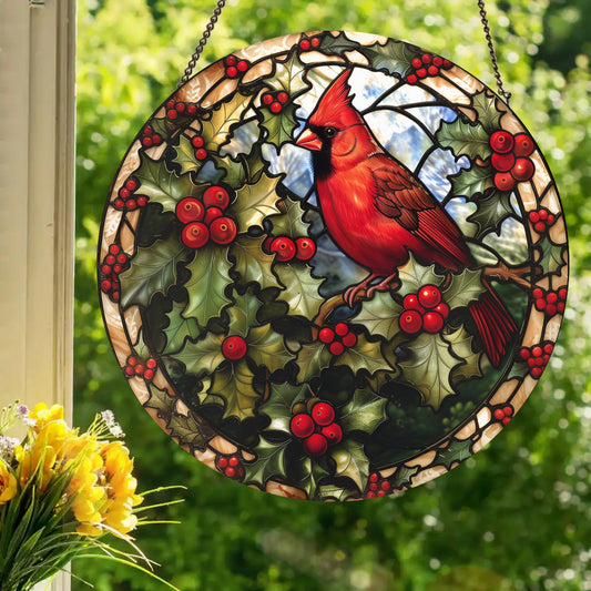 Cardinal & Holly: Stained Glass Style Window Hanging
