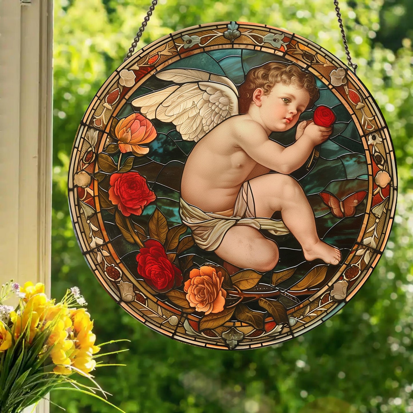 Cherub: Stained Glass Style Window Hanging